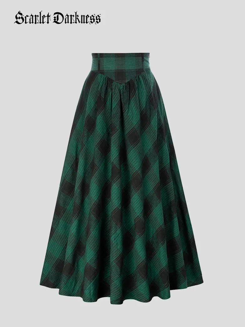 Women Renaissance Maxi Skirt Elastic Plaided Swing Skirt