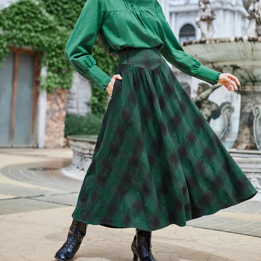 Women Renaissance Maxi Skirt Elastic Plaided Swing Skirt