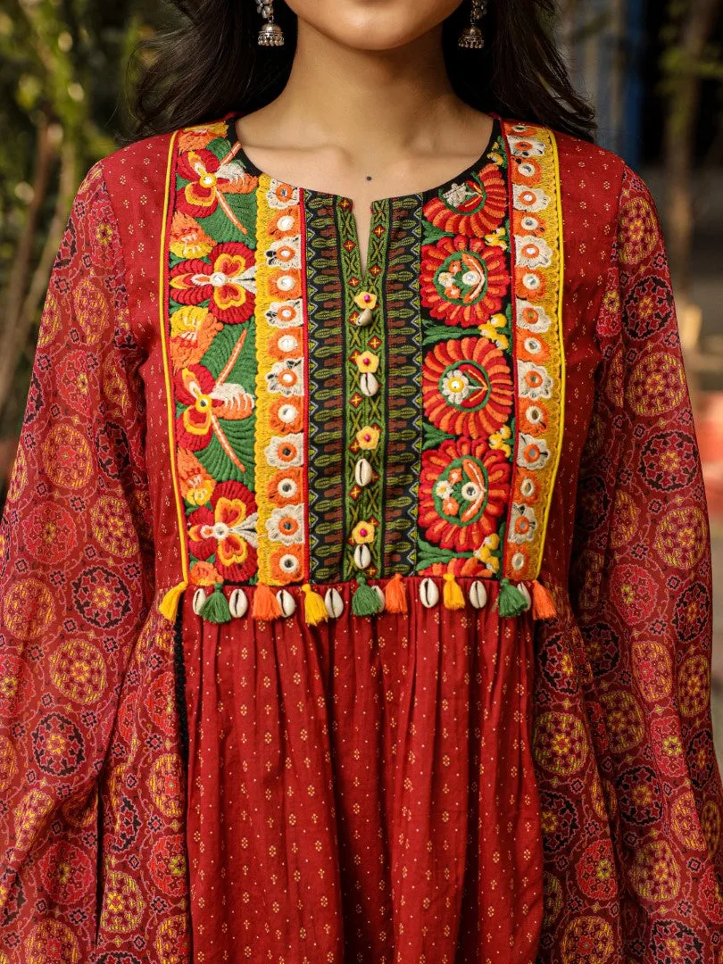 Women Rust Cotton Voile Printed & Embroidered Peplum Tunic