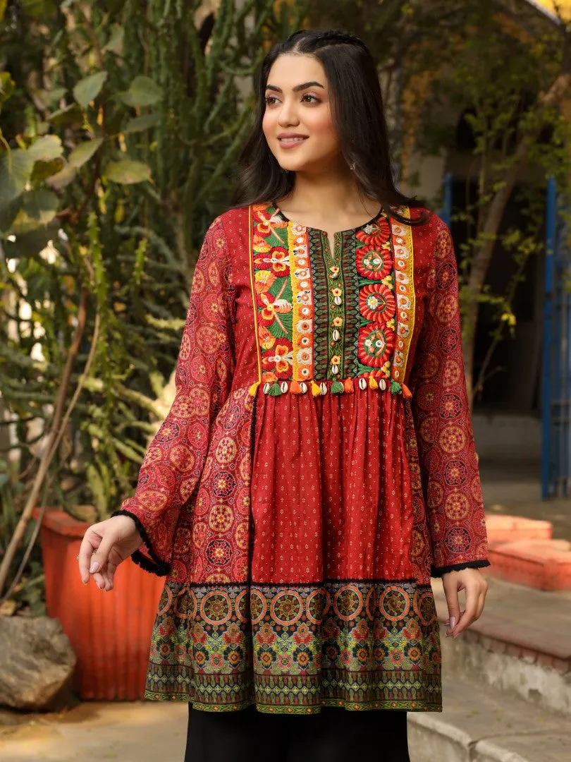 Women Rust Cotton Voile Printed & Embroidered Peplum Tunic