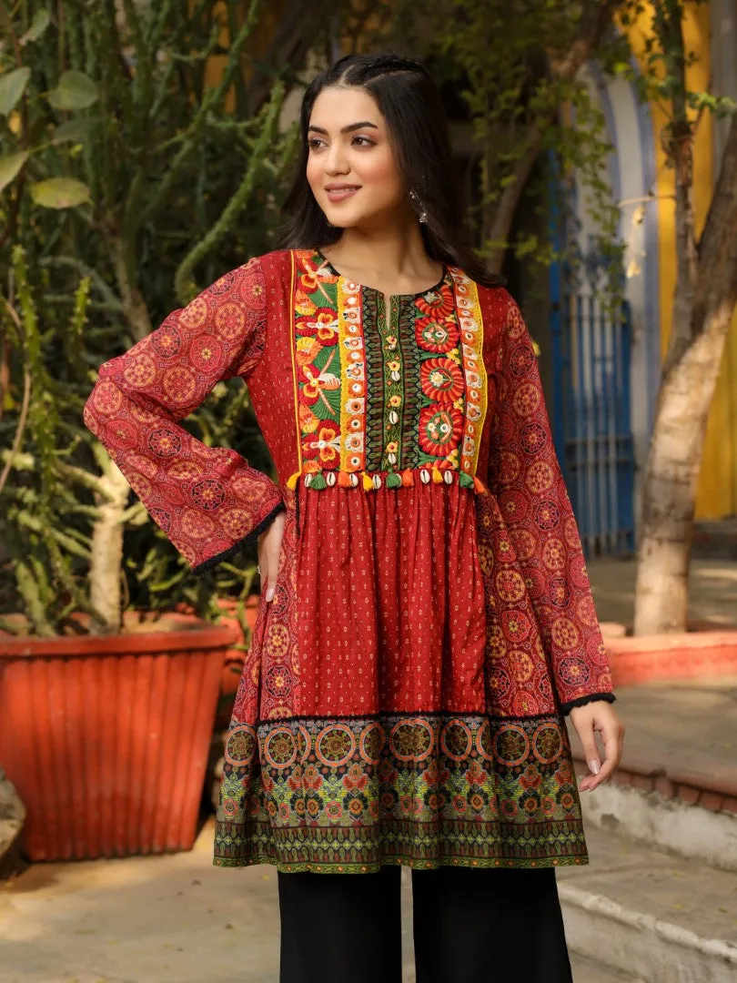 Women Rust Cotton Voile Printed & Embroidered Peplum Tunic