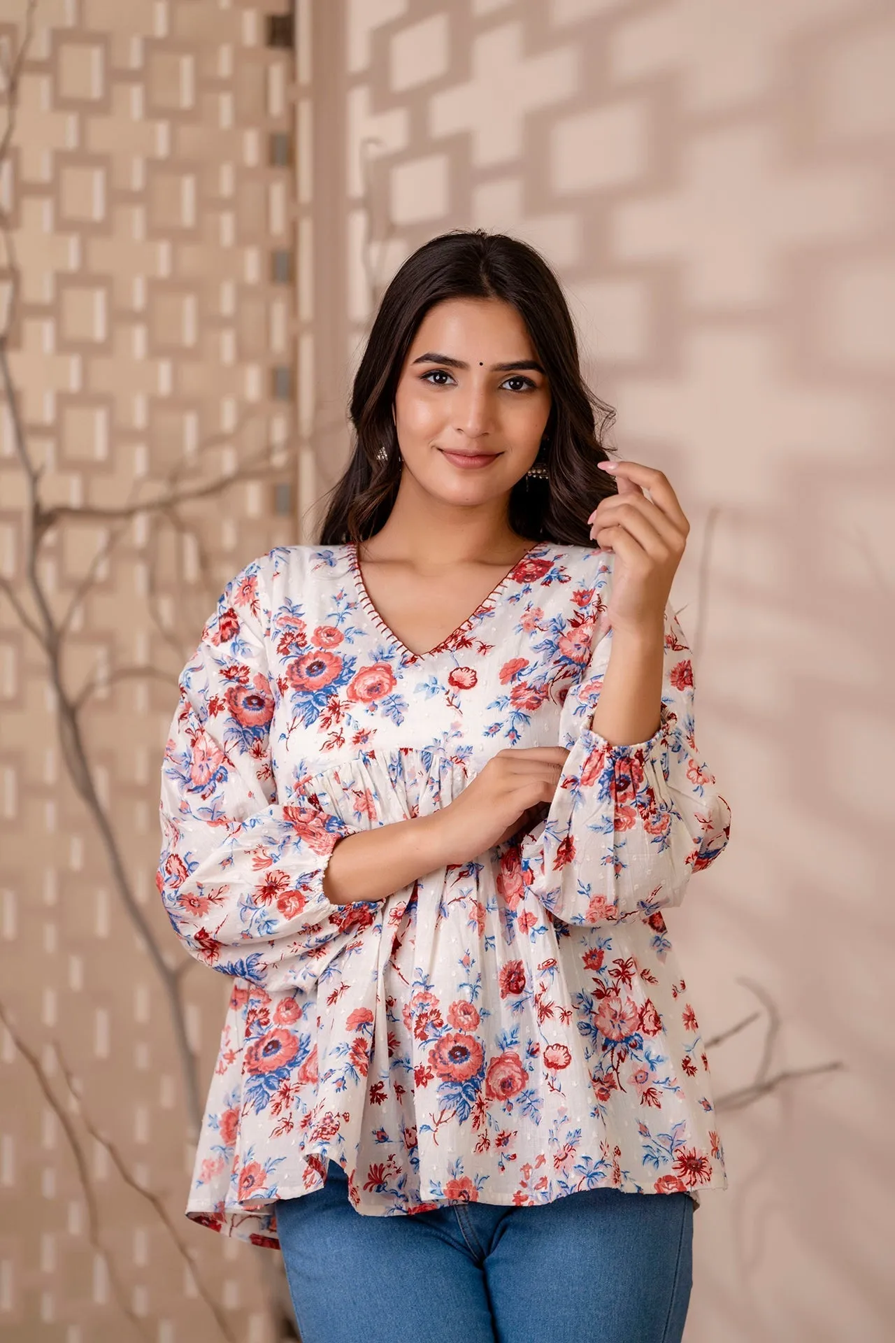 Women White Floral Printed V-Neck Peplum Tunic