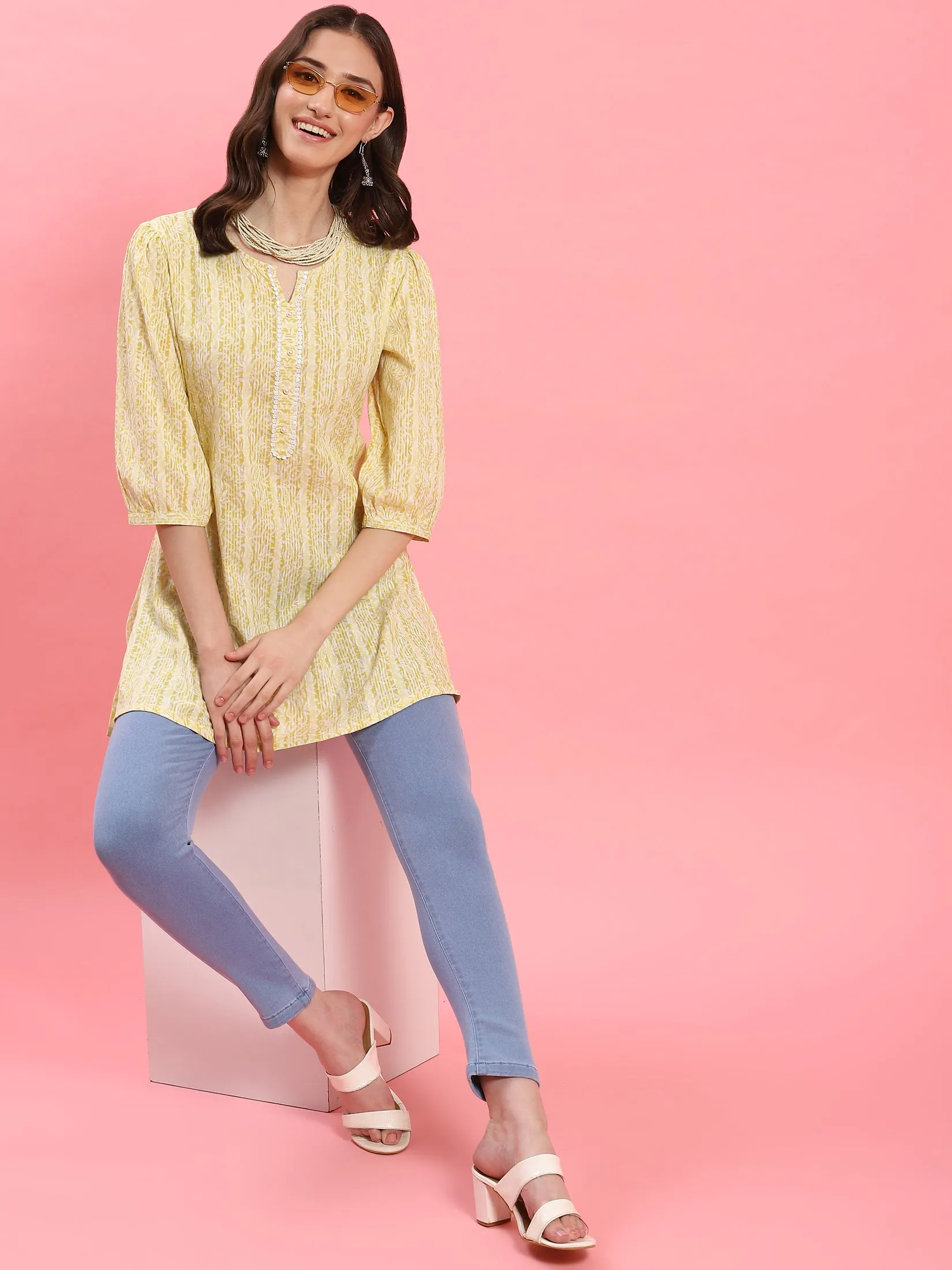 Women Yellow Round Neck Tunic