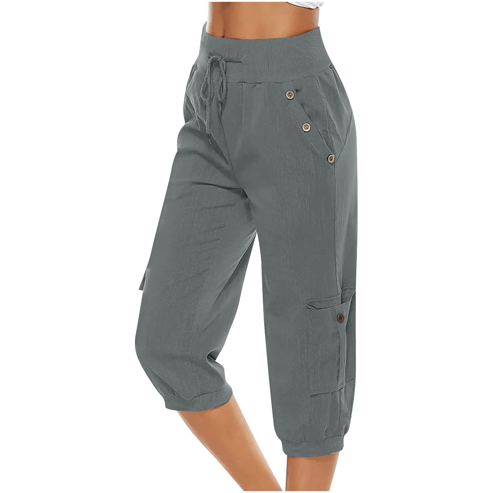 Women's Cropped Pants Cotton Linen Cargo Pocket Casual Pants