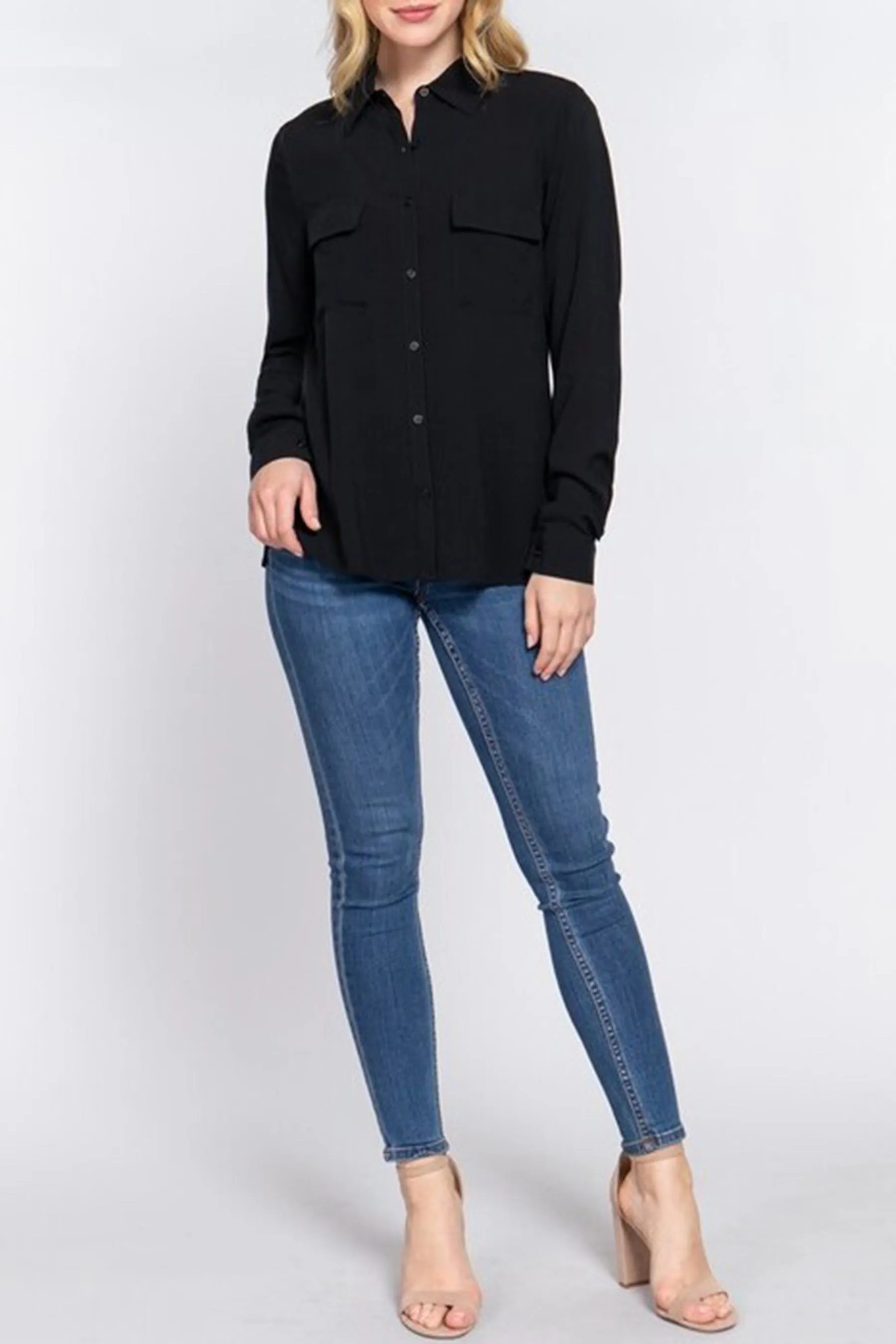 Women's Plus Casual Button Down Long Sleeve Front Pockets Shirt