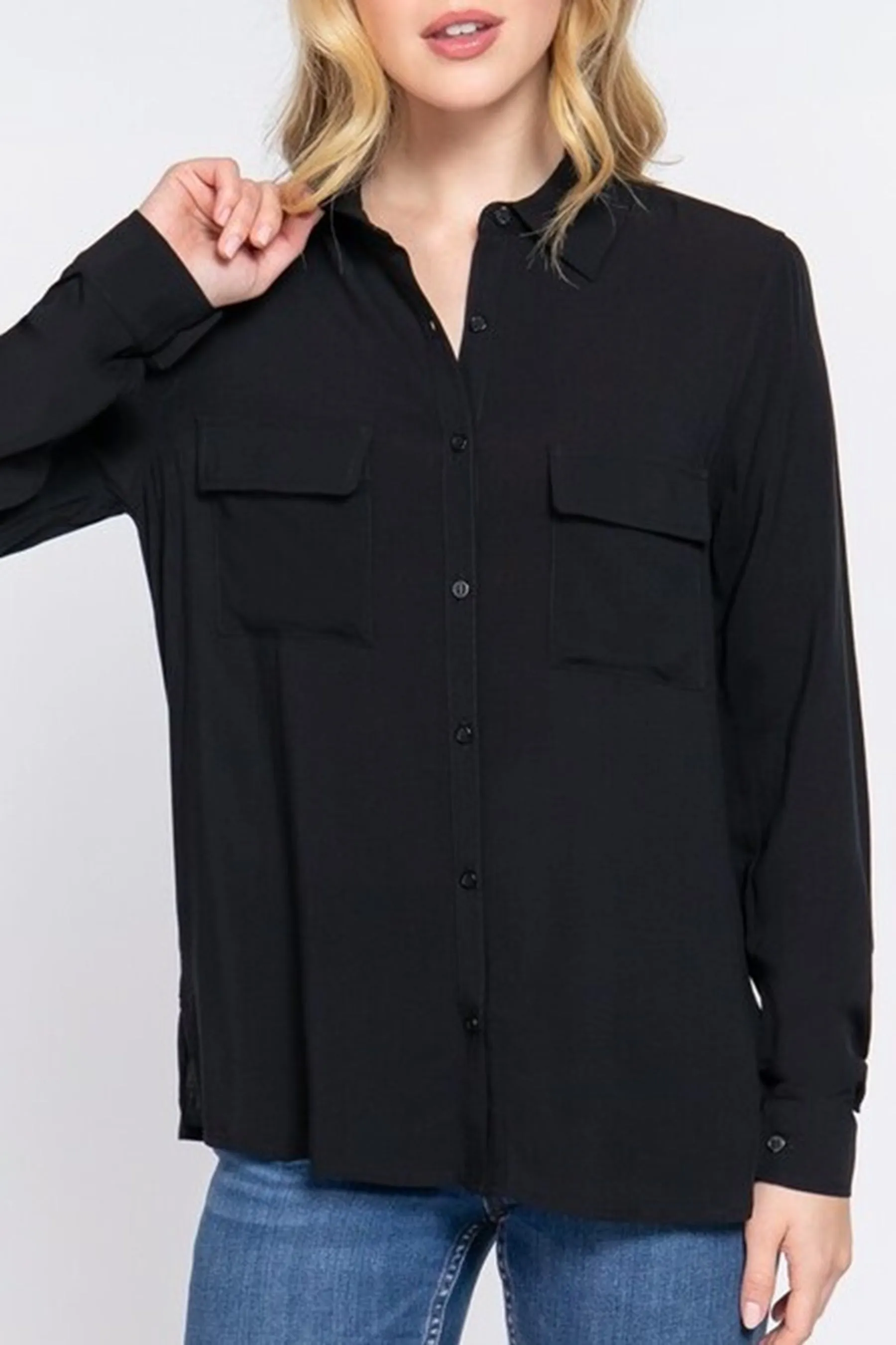 Women's Plus Casual Button Down Long Sleeve Front Pockets Shirt