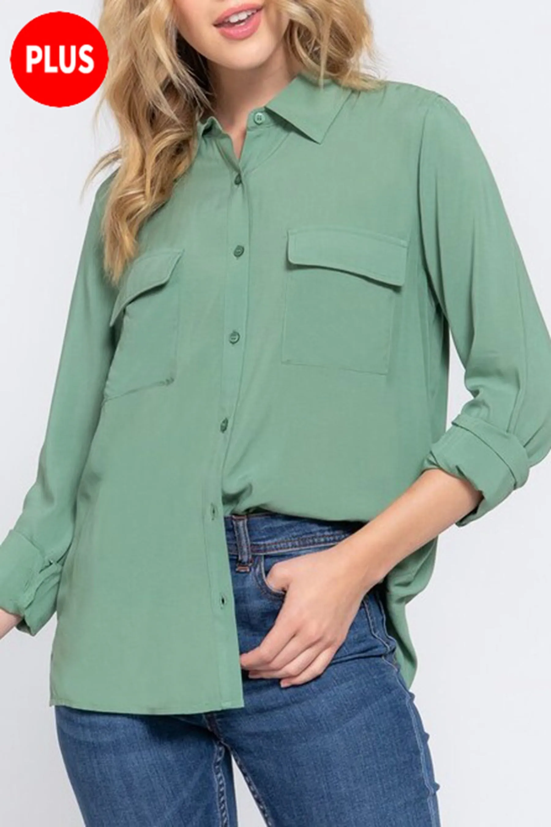 Women's Plus Casual Button Down Long Sleeve Front Pockets Shirt