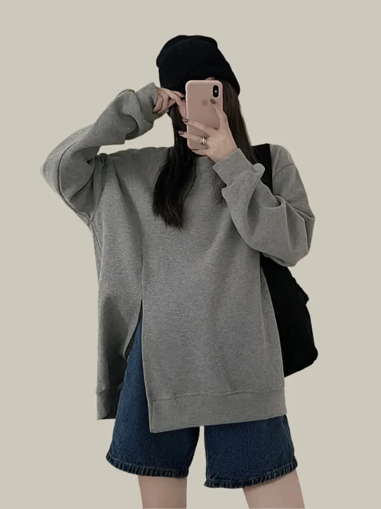 Women's Sweatshirt Loose Korean Style Cool Street Blue Hoodies Autumn Winter New Solid Color Split Pullover Top Women