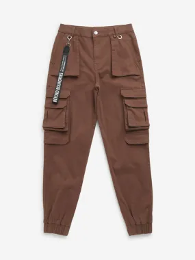 Y&F Kids Brown Cargo-Style Mid-Rise Cotton Blend Joggers